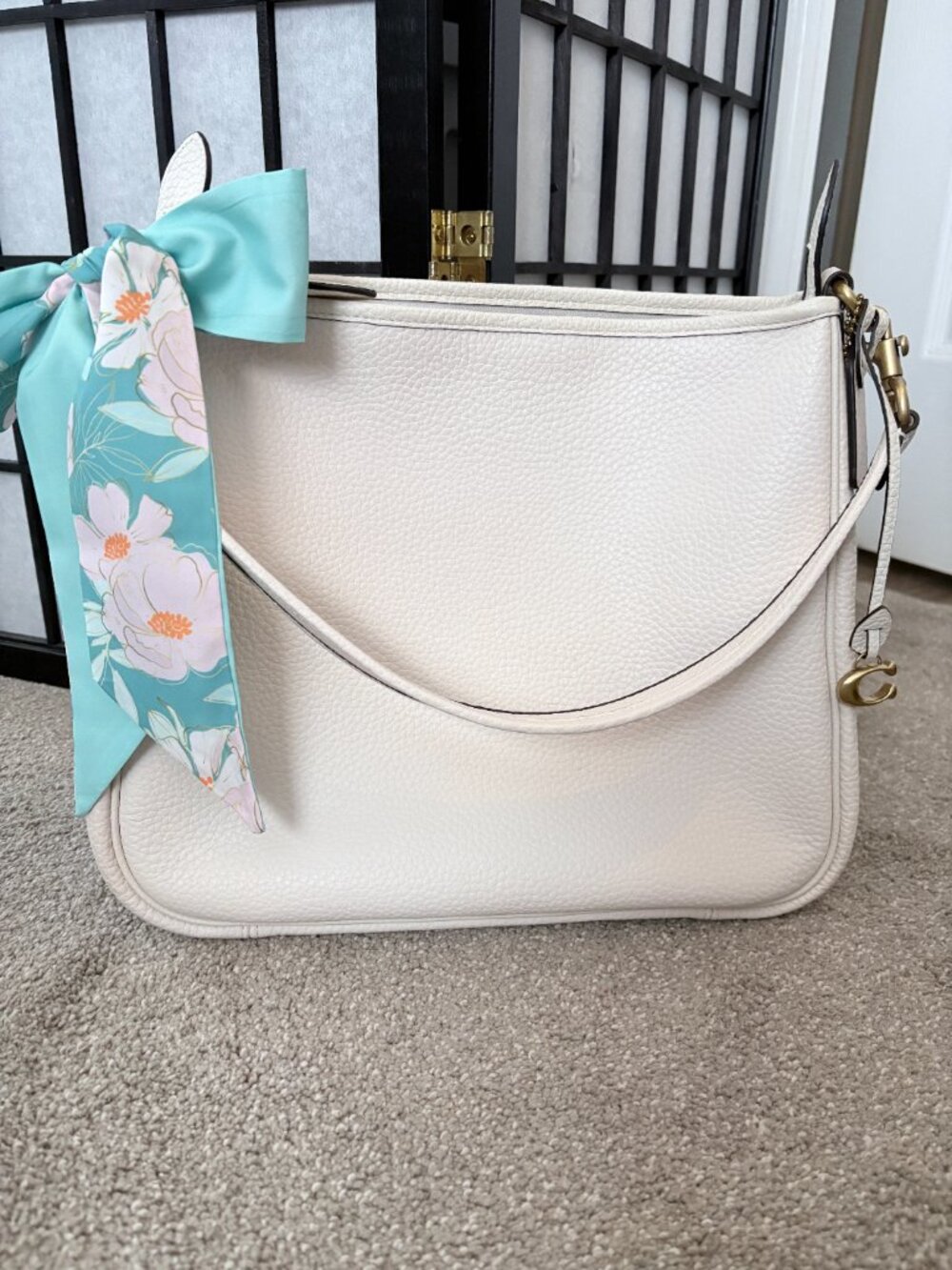 Cary Medium Soft Pebble Leather Shoulder Bag in Chalk/Brass